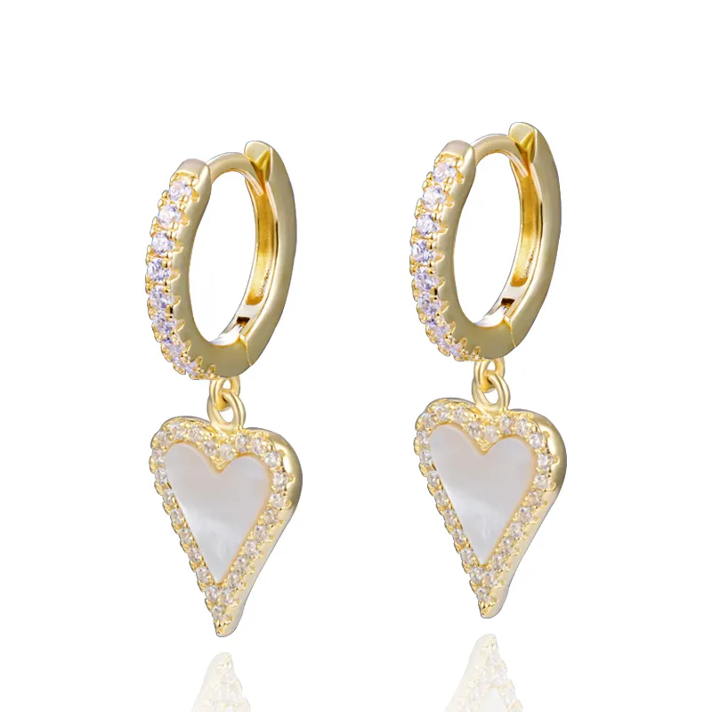 Produsen Emas Disepuh Sterling Silver 925 Perhiasan Mutiara Datar Berbentuk Hati Drop Charm Pave Zircon Hoop Earrings untuk Wanita