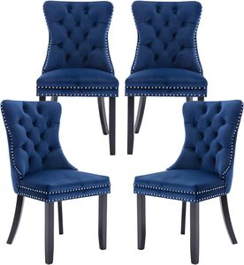Chaise de salle à manger moderne en peluche bleu marine avec coussin doux et bouton avec anneau de traction - Product Image 1