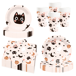 อุปกรณ์จัดปาร์ตี้ฮาโลวีน DAMAI ลายฟักทอง แมวดำ และผีน่ารัก ดีไซน์สีม่วงและดำ จานและผ้าเช็ดปากธีมฮาโลวีน - Product Image 3