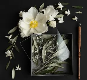 Carte d'invitation personnalisée en acrylique transparente avec impression à l'encre, romantique, feuilles d'olive, classiques, 15x15cm, 1 pièce - Product Image 1