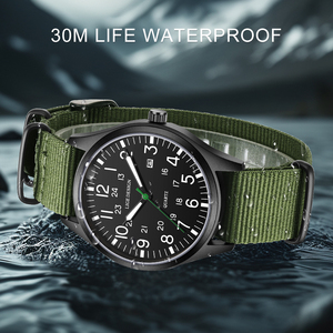 Montre de sport décontractée pour homme, étanche, avec bracelet en toile verte, cadran à chiffres arabes, fenêtre calendrier et aiguilles lumineuses – Vente en gros - Product Image 3