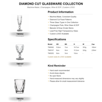 Ensemble de verrerie vintage en verre gaufré à coupe diamantée, sans plomb, comprenant des gobelets à pied et des verres à eau, vente en gros d'usine, personnalisable pour mariage et bar