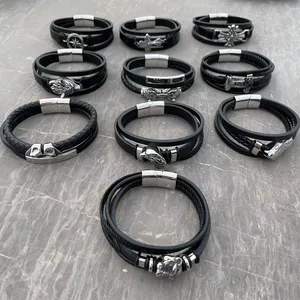 Groothandel Meerlagige Gevlochten Kruis Leeuw Slang Wolf Magnetische Gesp Rvs Lederen Armband Heren