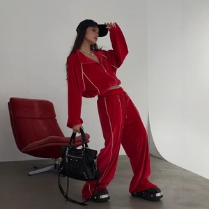 Ensemble deux pièces en velours uni pour femme, coupe ample, avec passepoil contrastant, veste zippée à manches longues et pantalon large, collection automne, personnalisable en usine - Product Image 2
