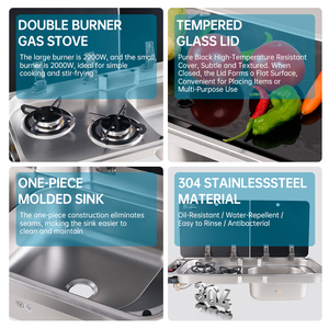 Combinato Lavello e Piano Cottura a Gas a Doppio Bruciatore in Acciaio Inox 304 per <span class=keywords><strong>Camper</strong></span>, Roulotte e Barche con Coperchio in Vetro - Product Image 2