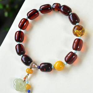 Pulsera de una sola hebra con fecha de ámbar de sangre natural con Hetian <span class=keywords><strong>Jade</strong></span> 8mm Acentos de cera de abejas de mineral crudo Artesanía de cristal hecha a mano - Product Image 5