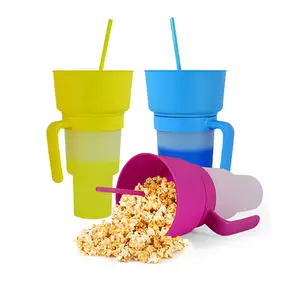 Kleurrijke Plastic 2 In 1 Popcorn Drinkbeker Voor Snacks En Hapjes Stadion Drinkbekers Komhouder Met Rietjes