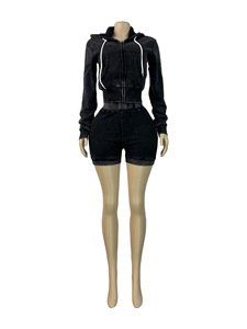 Completo in Cotone a 2 Pezzi per <span class=keywords><strong>Donna</strong></span>, Autunno Primavera, Giacca a Maniche Lunghe Effetto Lavaggio Acido e Pantaloncini, <span class=keywords><strong>Outfit</strong></span> Coordinato Y2K - Product Image 5