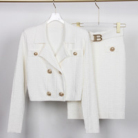 Printemps délicatesse solide Vintage Tweed dame costume de bureau Double boutonnage court longueur Blazer mince Mini jupe femmes 2 pièces