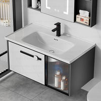 Meuble-lavabo mural moderne gris et blanc avec tiroir, armoire en verre cannelé, miroir intelligent LED et vasque en céramique intégrée