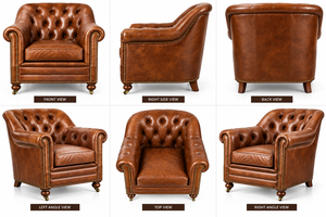 Elegant Cognac Leather Reading Armchair <b>with</b> Tufted Upholstered Backrest Generously Padded Seat and Classic Rolled <b>Arm</b> - Product Image 4