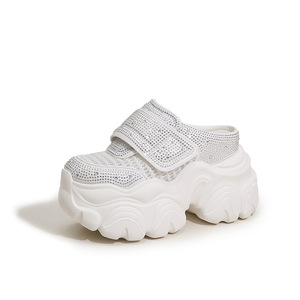 Rhinestone Thick Soled <b>Half</b> <b>Slip</b> On Women's Sandals 2026 Summer Breathable 10CM Hidden Heel Round Toe Sandals - Product Image 1