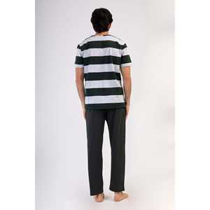 Men's Casual Crew Neck Short-Sleeve <b>Pajama</b> Set with Pockets Knitted Fabric Soft <b>Thermal</b> Sleepwear with Custom Logo Striped Print - Product Image 1