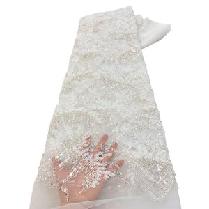 ผ้าลูกไม้ปักเลื่อมลายทางสีขาวสำหรับงานแต่งงาน ผ้าลูกไม้ปักเลื่อมหรูหรา - Product Image 1