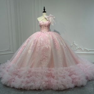 XS301 Stylish One Shoulder Bow Pink <b>Ruffle</b> Quinceanera <b>Dresses</b> Beading Appliques Crystal Print Floor-Length Ball Gown Natural - Product Image 1