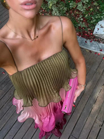 Robe longue plissée multicolore chic pour femme, tenue de vacances d'été, élégante, à fines bretelles, avec volants superposés et coupe fluide