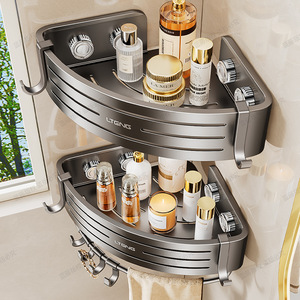 Lteng Corner Bathroom Storage Rack Suction Mounted Triangular Shelf With <b>Hooks</b> For Toilet Shower Storage - Product Image 3