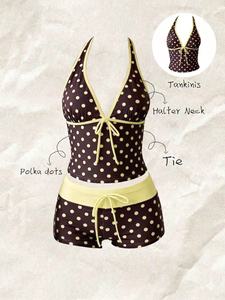 Women Swimwear <b>Polka</b> <b>Dot</b> 2-Piece Tankini Set Deep V Lace-up Neck Front Tie Cami Top & Contrast Waistband Drawstring Swim Shorts - Product Image 2