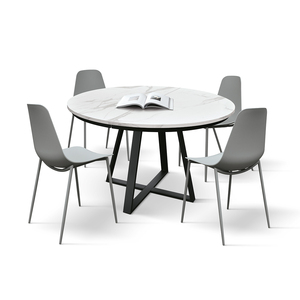 Pamela <b>Round</b> Extendable Dining <b>Table</b> 120-170 Cm <b>White</b> Statuary Marble Top Metal Base Indoor Use - Product Image 2