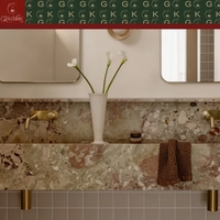 GOLDKING Meuble-lavabo mural de luxe moderne pour salle de bain principale, en marbre Monet Garden, avec double vasque, veinures beige, rose et vertes