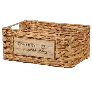 Customized Hand-woven Natural Water Hyacinth Raffia Storage Rattan Basket with Wood Handle