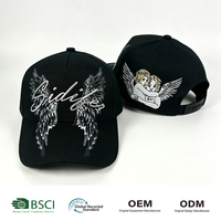 Casquette de baseball personnalisée avec broderie 3D chromée, ailes de chérubin, streetwear noir, BSCI, usine OEM ODM