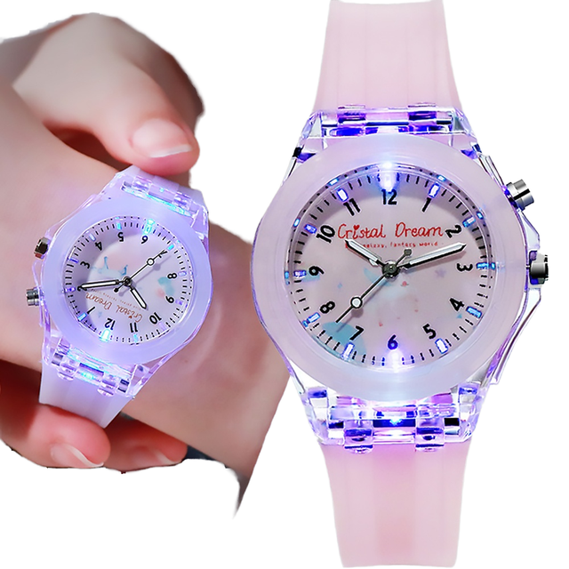 Customized Artwork Printing Kids Cartoon Silicone Analog Watch With Flashing Light