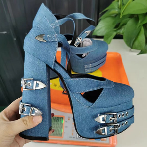 รองเท้าส้นตึกแบบรัดข้อเท้าหัวเหลี่ยม  วัสดุผ้าเดนิมสีน้ำเงิน  ระบายอากาศได้ดี เหมาะสำหรับฤดูใบไม้ผลิและฤดูร้อน  ตกแต่งด้วยหัวเข็มขัดโลหะ  สายรัดไขว้  สไตล์แฟชั่นกลางแจ้งสำหรับผู้หญิง - Product Image 6