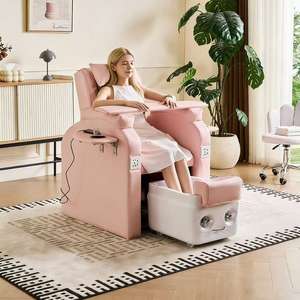 เฟอร์นิเจอร์ร้านทำเล็บสมัยใหม่ เก้าอี้นวดทำเล็บเท้าสุดหรูหุ้มหนังสีชมพู เก้าอี้นวดมือและเท้าพร้อมอ่างแช่เท้า - Product Image 1