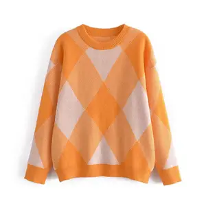 Orange and white color long sleeve crew neck casual fashion women knit pullover sweater