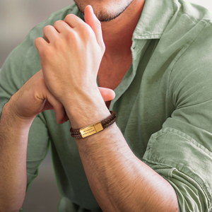 Bracciale in Pelle con Doppio Cinturino e Incisione Personalizzata, Acciaio Inossidabile Intrecciato a Doppio Strato, Regalo Personalizzato per la Festa del Papà - Product Image 3