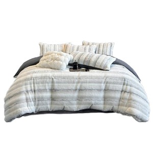 Juego de Ropa de Cama de Cuatro Piezas de Forro Polar Grueso para Invierno, a Rayas, de Color Sólido, Cálido, Antiestático - Product Image 5