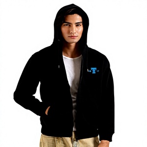 เสื้อฮู้ดซิปสีดำสำหรับผู้ชาย ผ้าฝ้ายเฟรนช์เทอร์รี่ ทรงปกติ แขนซ้าย สวมใส่สบายๆ สำหรับฤดูใบไม้ร่วง รับสกรีนโลโก้ - Product Image 3