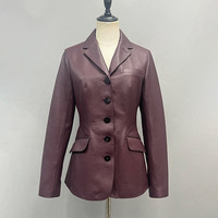 Veste en cuir brillant à col rabattu rouge vin tendance Jancoco pour femmes, coupe ajustée sur mesure