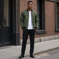 Blouson Bomber d'Hiver Vert Olive pour Homme avec Col Brodé, Fermeture Éclair, Style Aviateur Décontracté, Poches Utilitaires, Manches Longues, Streetwear