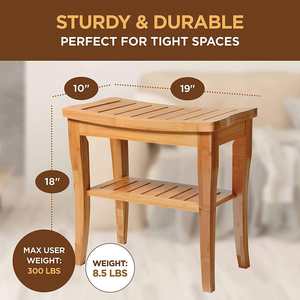 Bangku Mandi Bambu Spa Kayu 2 Tingkat Tempat Duduk Sandaran Kaki Bangku Cukur dengan Kaki Anti Selip Rak Penyimpanan - Product Image 3