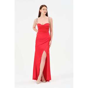 Robe de Demoiselle d'Honneur Rouge Élégante, Col Cœur, Bretelles Fines, Silhouette Fourreau, Fente Haute, Taille Naturelle, Robe Longue - Product Image 1