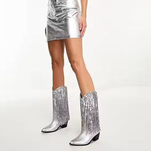 Phụ Nữ Của Tây Bạc Kim Loại Cao Bồi Phong Cách Chỉ Bên Dây Kéo Chunky Gót Giữa Bê Khởi Động - Product Image 5