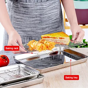 多功能方形平板烤盘，带烤架和盖子金属不锈钢披萨烤盘，用于厨房烘焙