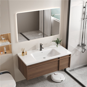 Meuble de salle de bain en bois massif avec lavabo intégré en céramique, meuble-vasque léger pour salle de bain - Product Image 3