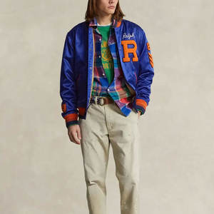Custom Men's Winter Letterman Jacket Stand High Street Style Factory Rate Satin <b>Fabric</b> Canvas Colored <b>Strips</b> Embroidered Sports - Product Image 4