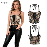 Cottage Core Style Renaissance Lace Trimmer Strap Vest Tank Top Floral Print Corset With Front Drawstring Tie