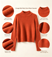 Pull court col rond femme 2026 orange-rouge 100 % acrylique doux, tricoté, respirant et anti-boulochage, coupe droite