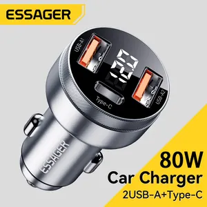 Essager 2022风浪铝合金数显车载充电器80W 3合1车载充电2 USB a型C型快速车载充电器