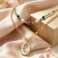 Ensemble de colliers superposés en acier inoxydable, style rétro français tendance, avec perles de pierre naturelle colorées, plaqué or 18 carats, corde et nacre géométrique