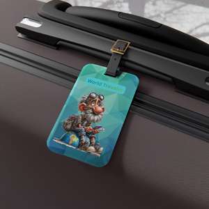 Étiquette de bagage en acrylique OEM/ODM, personnage de <span class=keywords><strong>dessin</strong></span> <span class=keywords><strong>animé</strong></span> 'World Traveler', cadeau de voyage idéal, étiquette d'identification de sac de voyage amusante, pour les vacances, 'Bon Voyage' - Product Image 1