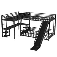 Lit superposé moderne en métal noir en forme de L avec bureau, prise de courant, station de charge, étagères de rangement, gain de place, appartement, ODM OEM