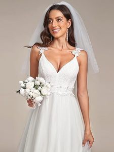 Elegant Light Lace Simple <b>White</b> A-Line Deep V Neck Spaghetti Straps Lace Appliques Wedding Dress Sweep Train <b>Tulle</b> Bridal Gown - Product Image 4