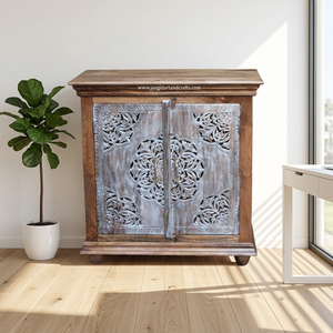 Buffet de rangement traditionnel antique en bois massif sculpté à la main à 2 portes pour salle à manger et cuisine, d'origine indienne - Product Image 5