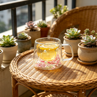 Mug à café en verre borosilicate à double paroi, esthétique, avec fleurs séchées, sans BPA, isolé, sûr pour les aliments, design tendance avec perles, cadeau